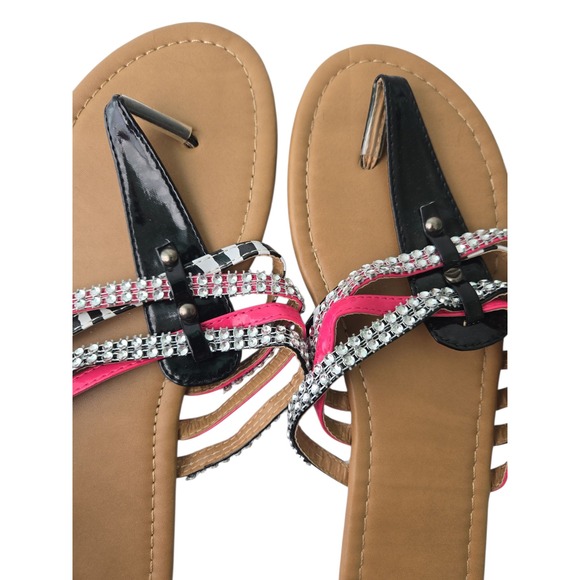 Women's Rhinestone Thong Sandals SIZE 9 - Hot Pink, Black and Silver Strappy - Picture 1 of 7